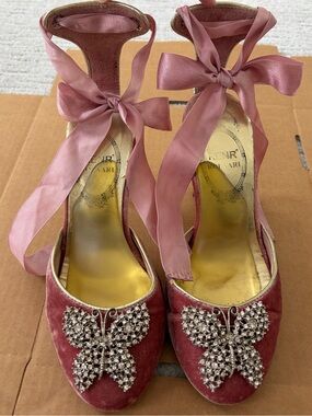 Women's Pink Velvet Ankle-Tie Heels with Crystal Butterfly Size 36